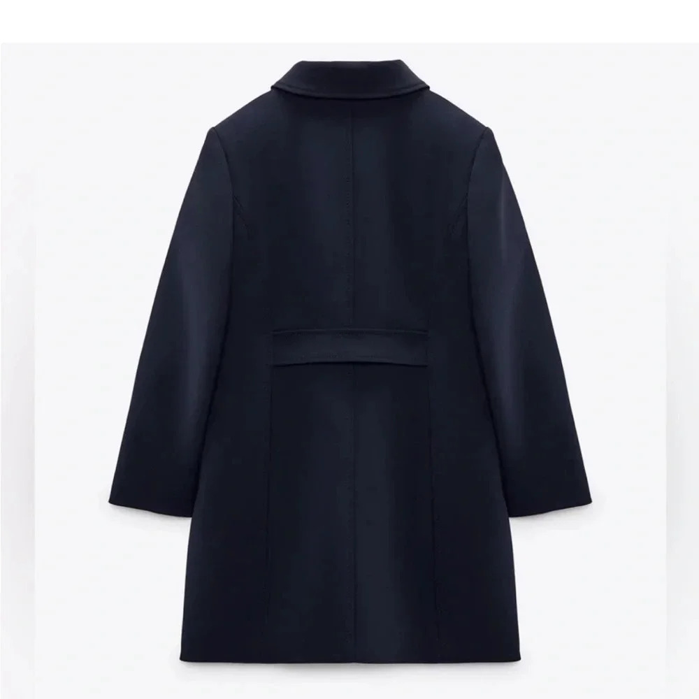 Zara Navy Blue Luxury Lapel Collar Long Sleeves Short Pocket Coat Medium NWT - Picture 3 of 9